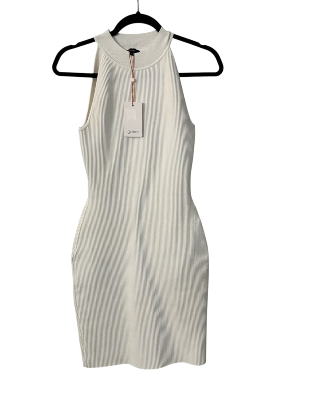 Quince Mockneck Halter Ribbed Knit Mini Dress in White Sz M NWT